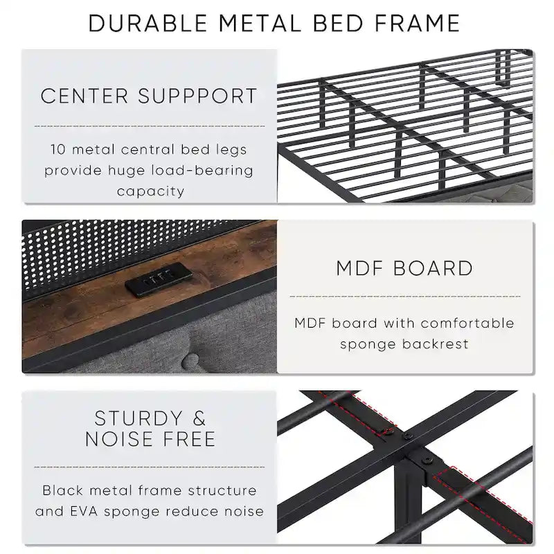 Lit plate-forme avec tête de lit de rangement, station de charge et lumières LED