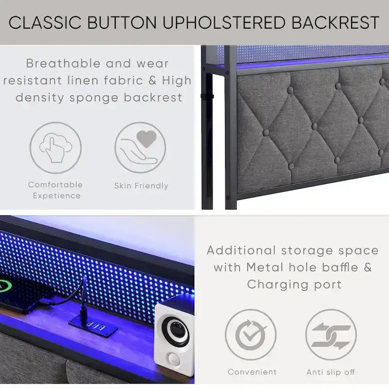 Lit plate-forme avec tête de lit de rangement, station de charge et lumières LED