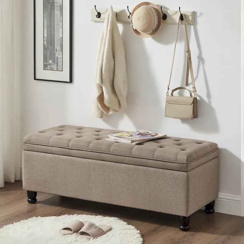 Banc de rangement capitonné en tissu avec boutons