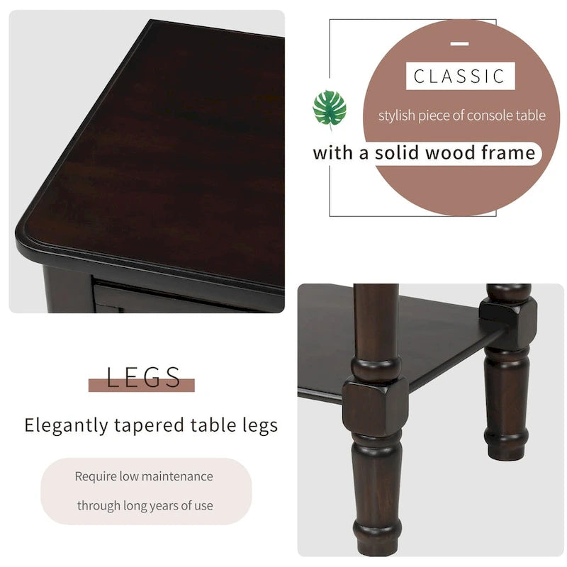 Table console/table d'appoint étroite et fine pour expresso avec 3 tiroirs et 1 étagère inférieure - 60,2 cm L x 33 cm l x 79 cm H